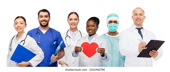 Medicine, Profession And Healthcare Concept - Group Of Happy Smiling Doctors In With Red Heart Over White Background