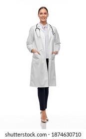medicine, profession and healthcare concept - happy smiling female doctor in white coat with stethoscope