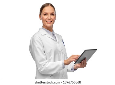 medicine, profession and healthcare concept - happy smiling female doctor or scientist in white coat with tablet pc computer