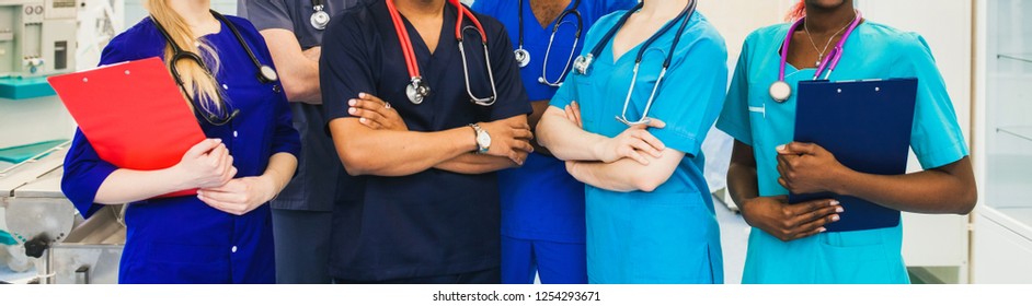 medicine professionals staff. people - doctor, nurse and surgeon. a group of faceless doctors. medical advertisement design. background wide promotional banner.