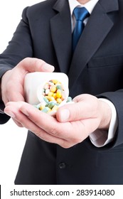 Medicine Sales Man Rep Offering Pills By Puring Them In Hand