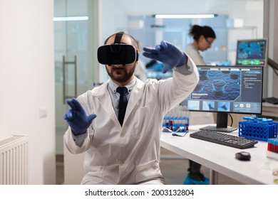 Medicine Scientist Doing Virtual Simulation Of Virus Vaccine Wearing Vr Headset. Team Of Researchers Working With Equipment Device, Future, Medicine, Healthcare, Professional, Vision, Simulator.