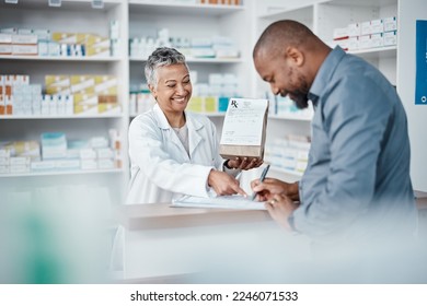 Medicine, shopping or pharmacist with customer writing personal or medical information in pharmacy. Consulting, pills or happy senior doctor helping or speaking to black man or sick African customer - Powered by Shutterstock