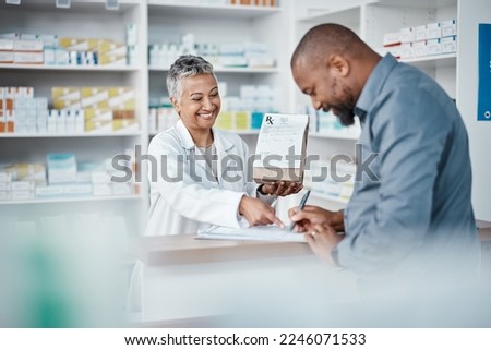 Medicine, shopping or pharmacist with customer writing personal or medical information in pharmacy. Consulting, pills or happy senior doctor helping or speaking to black man or sick African customer