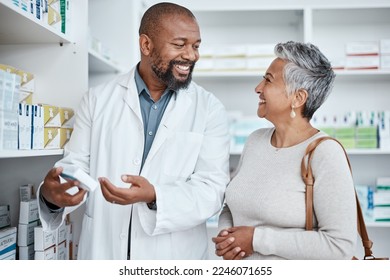 Medicine, shopping or pharmacist helping an old woman with healthcare advice on medical pills or drugs. Smile, customer or happy senior doctor talking or speaking to a sick elderly person in pharmacy - Powered by Shutterstock