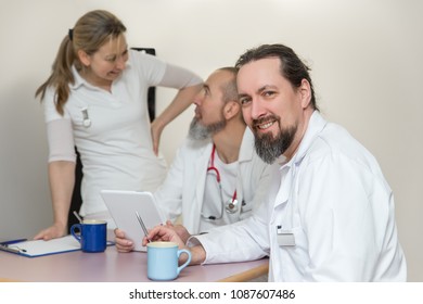 Medicine Staff Is Having A Break In The Breakroom Of An Hospital