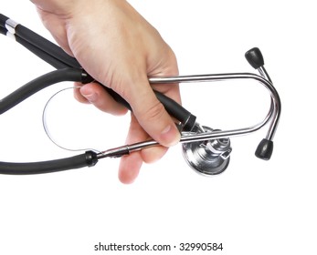 Medicine stethoscope  in doctor's hand on white background . Isolated.