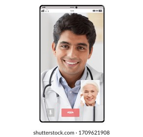 Medicine, Technology And Online Communication Concept - Video Chat Of Happy Smiling Indian Male Doctor And Senior Woman Patient On Smartphone