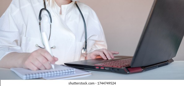 Medicine, Telehealth. The Doctor Conducts A Remote Consultation, Provides Online Medical Assistance. Virtual Visit. Healthcare Providers, Digital Or Virtual Engagement, New Normal,covid 19