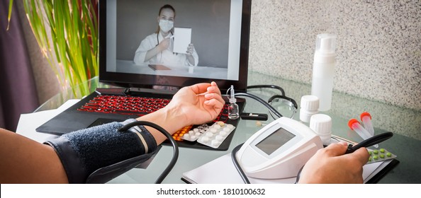 Medicine, Telehealth. The Doctor Conducts A Remote Consultation, Provides Online Medical Assistance. Virtual Visit. Healthcare Providers, Digital Or Virtual Engagement, New Normal,covid 19