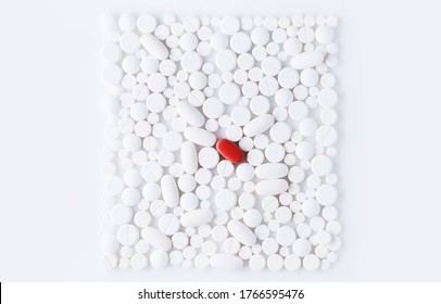 Medicine For Treatment HIV Infection. HIV/AIDS HAART - Highly Active Antiretroviral Therapy. Heart Attack Or Covid Treatment. White Pills On White Background