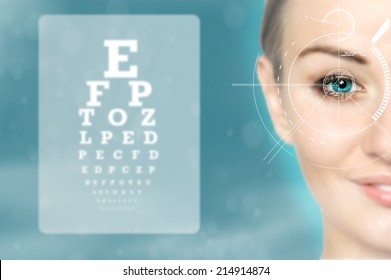 Medicine And Vision Concept - Woman And Eye Chart, Future Technology