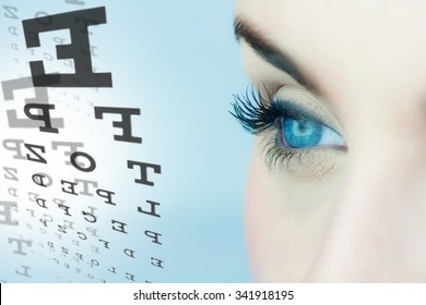 Medicine And Vision Concept - Woman's Eyes And Eye Chart.