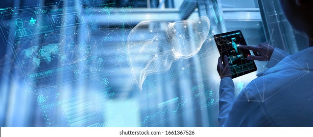 Medicine woman doctor touching digital medical record tablet with Liver. AR of healthcare and network connection on hologram modern Ui forTreatment and diagnostics of liver - Powered by Shutterstock