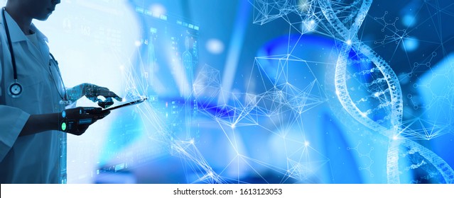 Medicine womsan doctor touching digital medical record tablet with DNA. AR of healthcare and network connection on hologram modern Ui for medical technology and network concept. - Powered by Shutterstock