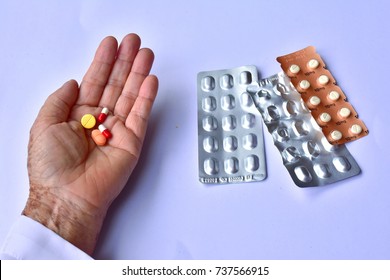 Medicines In Hand Of Older Woman. Concepts Of Health Care And Illness Of The Elderly.