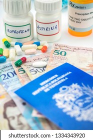 Medicines Next To Banknotes Of Venezuela, Shady Deal Of Medication In Full Crisis Of Country Of Latin America, Conceptual Image