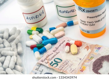 Medicines Next To Banknotes Of Venezuela, Shady Deal Of Medication In Full Crisis Of Country Of Latin America, Conceptual Image