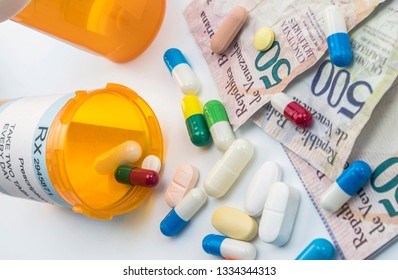 Medicines Next To Banknotes Of Venezuela, Shady Deal Of Medication In Full Crisis Of Country Of Latin America, Conceptual Image