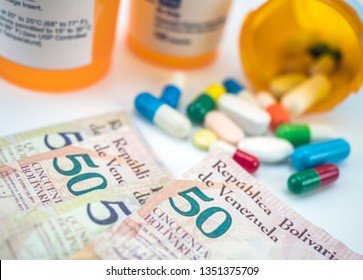 Medicines Next To Banknotes Of Venezuela, Shady Deal Of Medication In Full Crisis Of Latin American Country, Conceptual Image