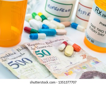 Medicines Next To Banknotes Of Venezuela, Shady Deal Of Medication In Full Crisis Of Country Of Latin America, Conceptual Image