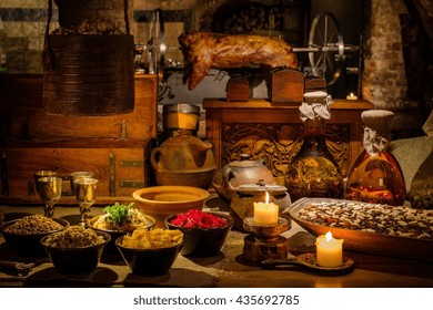 Medieval Ancient Kitchen Table With Typical Food In Royal Castle.