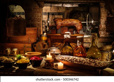 Medieval Ancient Kitchen Table With Typical Food In Royal Castle