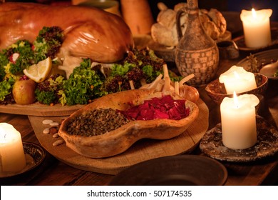 Medieval Ancient Kitchen Table With Typical Food In Royal Castle.