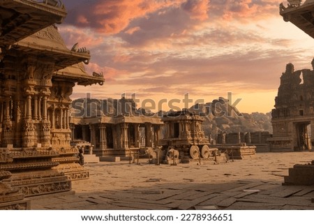 Medieval architecture at Vijaya Vittala temple built in the 15th century AD at sunset at Hampi Karnataka, India