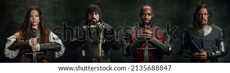 Medieval army. Collage with serious medieval warriors or knights with wounded faces holding swords isolated over dark vintage background. Comparison of eras, history, fashion, safe, diversity