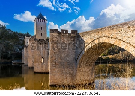 Medieval bridge Valentré on the river Lot in Cahors in Occitanie, France