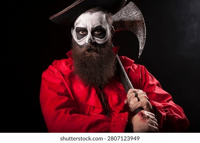 Medieval captain holds an axe while standing over a black background, wearing a Halloween outfit with a dramatic pirate style with theatrical pirate detail.