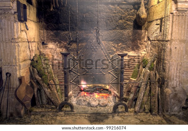 Medieval Castle Kitchen Stone Fireplace Antique Buildings