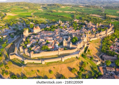 Medieval castle town of Carcassone at sunset, France - Shutterstock ID 2185120509