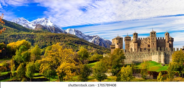 Medieval castles of Italy - beautiful Castello di Fenis in Valle d'Aosta surrounded by Alps mountains