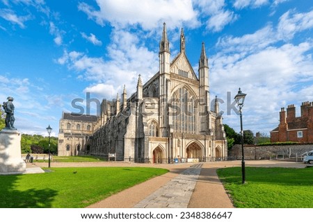 The medieval Cathedral Church of the Holy Trinity, Saint Peter, Saint Paul and Saint Swithun, commonly known as Winchester Cathedral, in the city of Winchester, England.