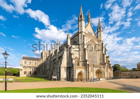 The medieval Cathedral Church of the Holy Trinity, Saint Peter, Saint Paul and Saint Swithun, commonly known as Winchester Cathedral, in the city of Winchester, England.