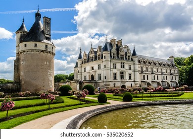 Medieval Chateau de Chenonceau (1514 - 1522) spanning River Cher in Loire Valley in France. 