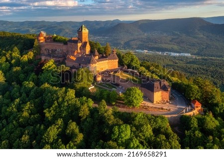 Medieval Chateau du Haut-Koenigsbourg castle in Vosges mountains by Selestat is one of the main historical landmarks in Alsace, France