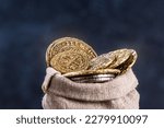 Medieval coins in an old rag bag close-up. Achieving financial goals concept, selective focus, low shallow focus