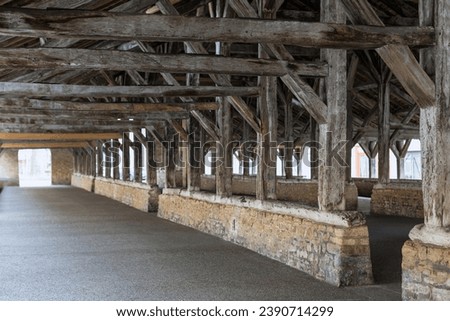 Medieval covered market hall oak roof structure - Cremieu France Europe
