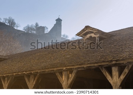 Medieval covered market hall oak roof structure - Cremieu France Europe