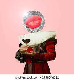Medieval duke, king headed by disco ball, holding wine glass on coral pink background. Copy space for ad, text. Modern design. Conceptual, contemporary bright artcollage. Party time, fun mood.