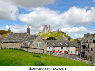medieval english stone houses and castle ruins
Corfe Castle, Purbeck, Dorset, England, United Kingdom