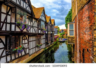 Medieval half-timber houses and Stour river in Canterbury Old Town, Kent, England