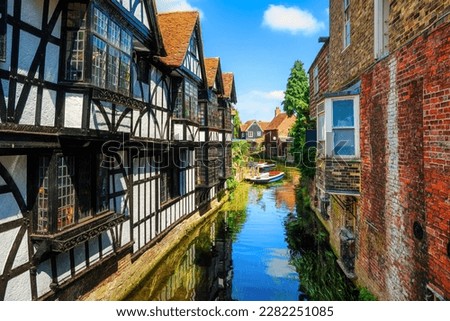 Medieval half-timbered houses on the Stour river in the Old town of Canterbury, Kent, England