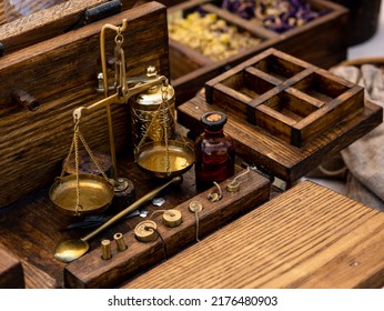medieval historical reenactment - merchant's objects, small metal scales for weighing light goods such as spices or herbs