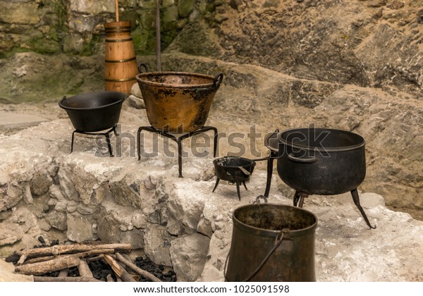 Medieval Kitchen Tools Baskets Scale Fireplace Stock Photo Edit