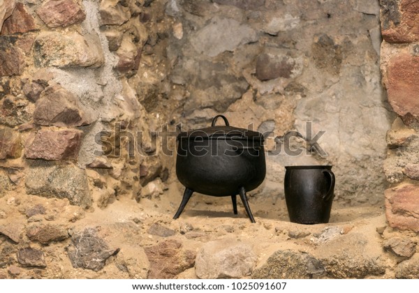 Medieval Kitchen Tools Baskets Scale Fireplace Stock Photo Edit