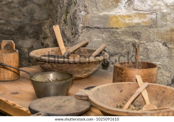 Medieval Kitchen Tools Baskets Scale Fireplace Stock Photo Edit